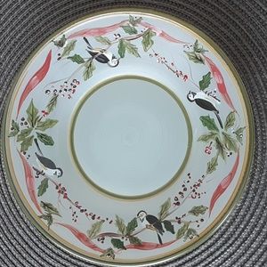 Frosted Hand Painted Candle Plate 7.5" Bird Ribbon Holly Berries